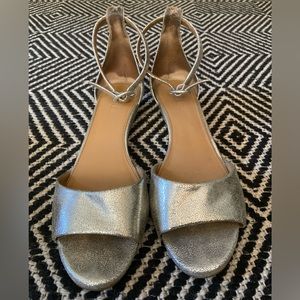 J Crew low heeled silver sandals with ankle strap